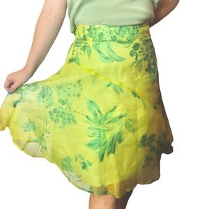 Y2K ANTHROPOLOGIE ODILLE PURE SILK ORGANZA GREEN FLORAL LAYERED SKIRT size 10